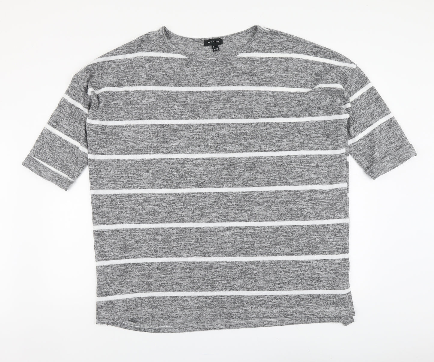 New Look Womens Grey Round Neck Striped Acrylic Pullover Jumper Size L