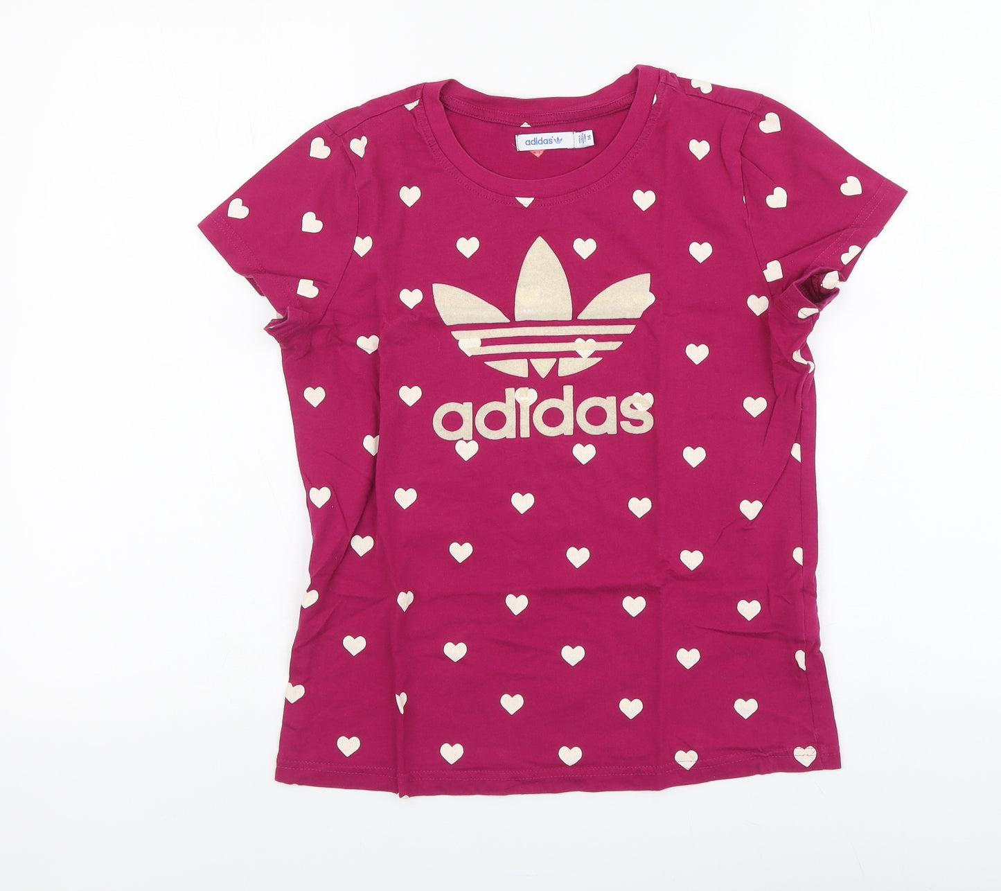 adidas Girls Purple Geometric Cotton Basic Polo Size 14 Years Round Neck - Hearts
