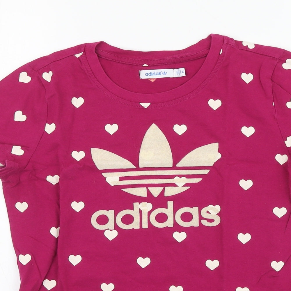 adidas Girls Purple Geometric Cotton Basic Polo Size 14 Years Round Neck - Hearts