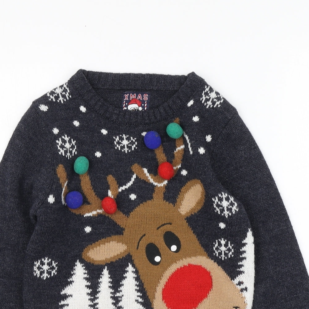 F&F Boys Blue Round Neck Acrylic Pullover Jumper Size 8-9 Years - Santa Jumper