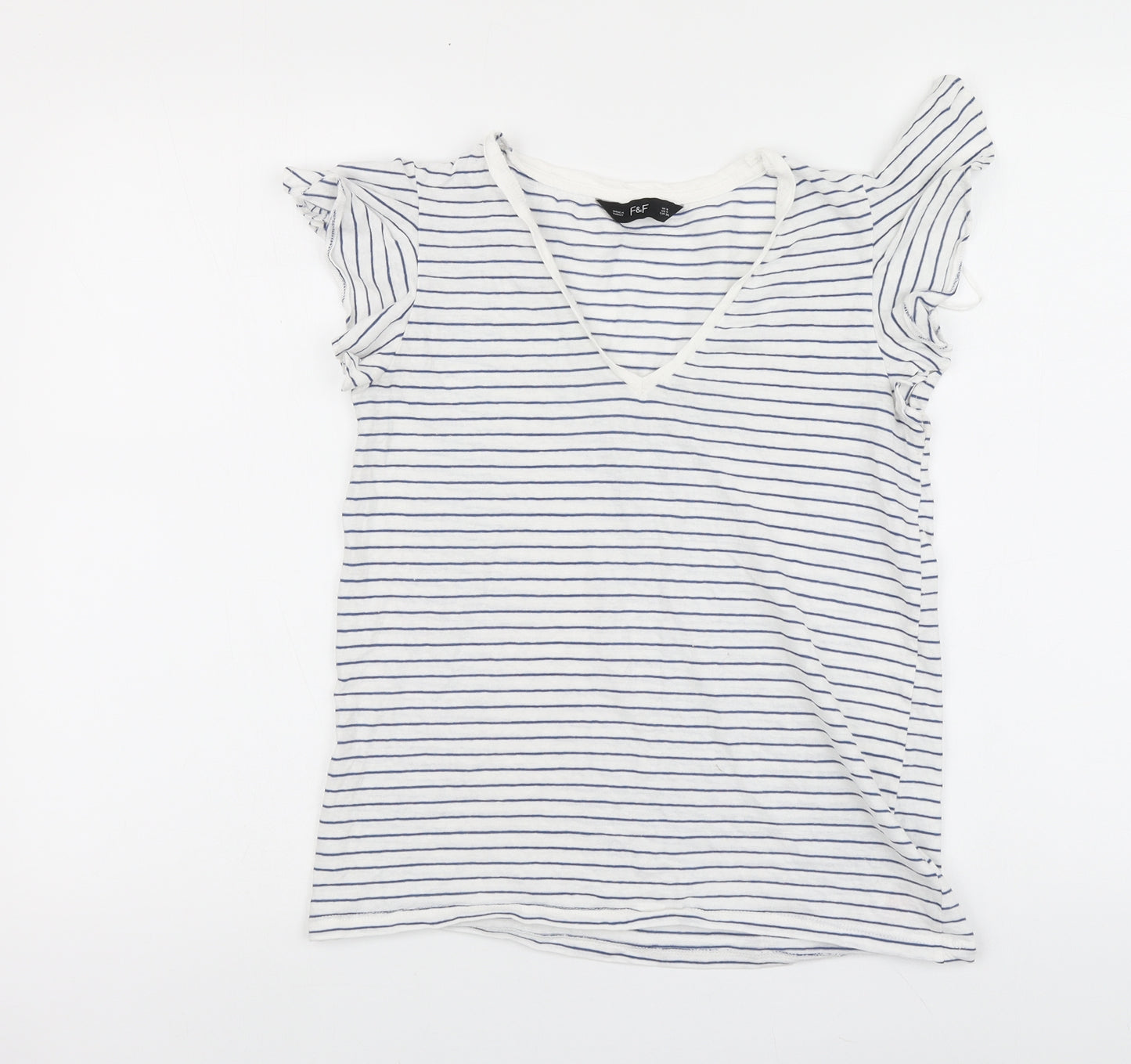 F&F Womens Blue Striped Cotton Basic T-Shirt Size 8 V-Neck - Frill Sleeve