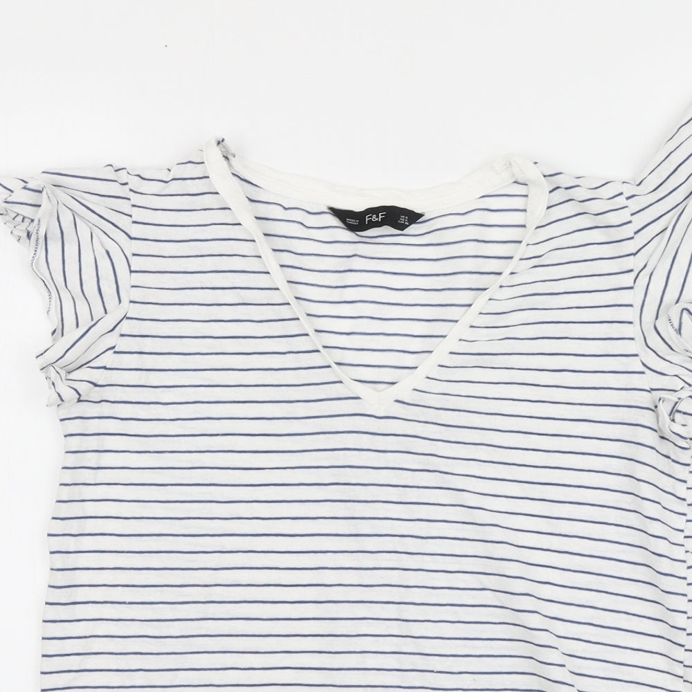 F&F Womens Blue Striped Cotton Basic T-Shirt Size 8 V-Neck - Frill Sleeve