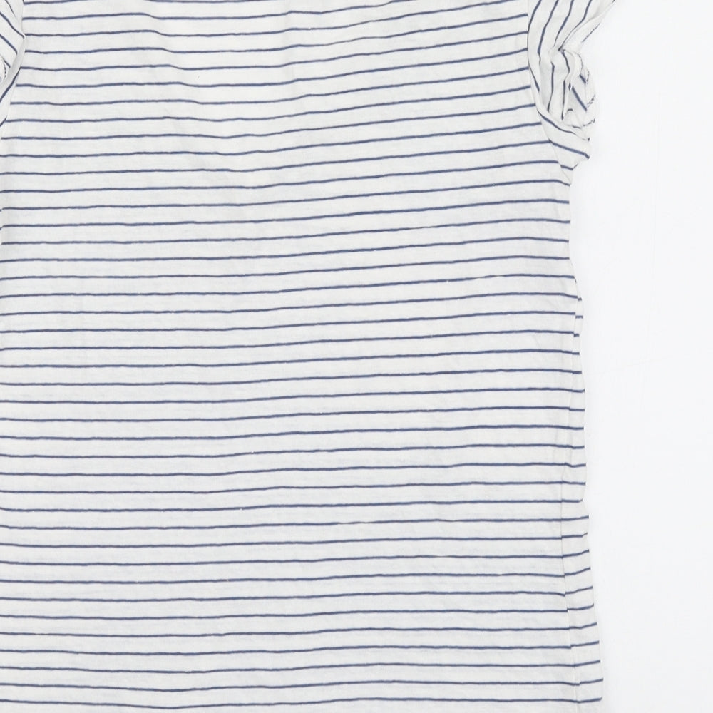 F&F Womens Blue Striped Cotton Basic T-Shirt Size 8 V-Neck - Frill Sleeve
