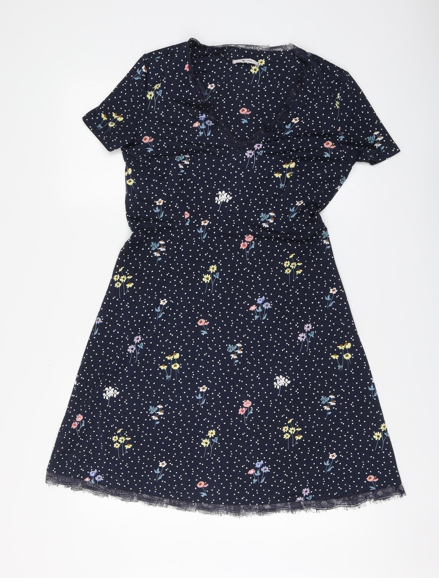 TU Womens Blue Floral Polyester Skater Dress Size 8 V-Neck