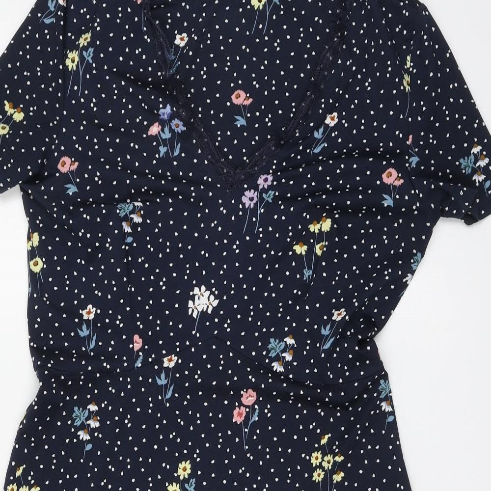 TU Womens Blue Floral Polyester Skater Dress Size 8 V-Neck