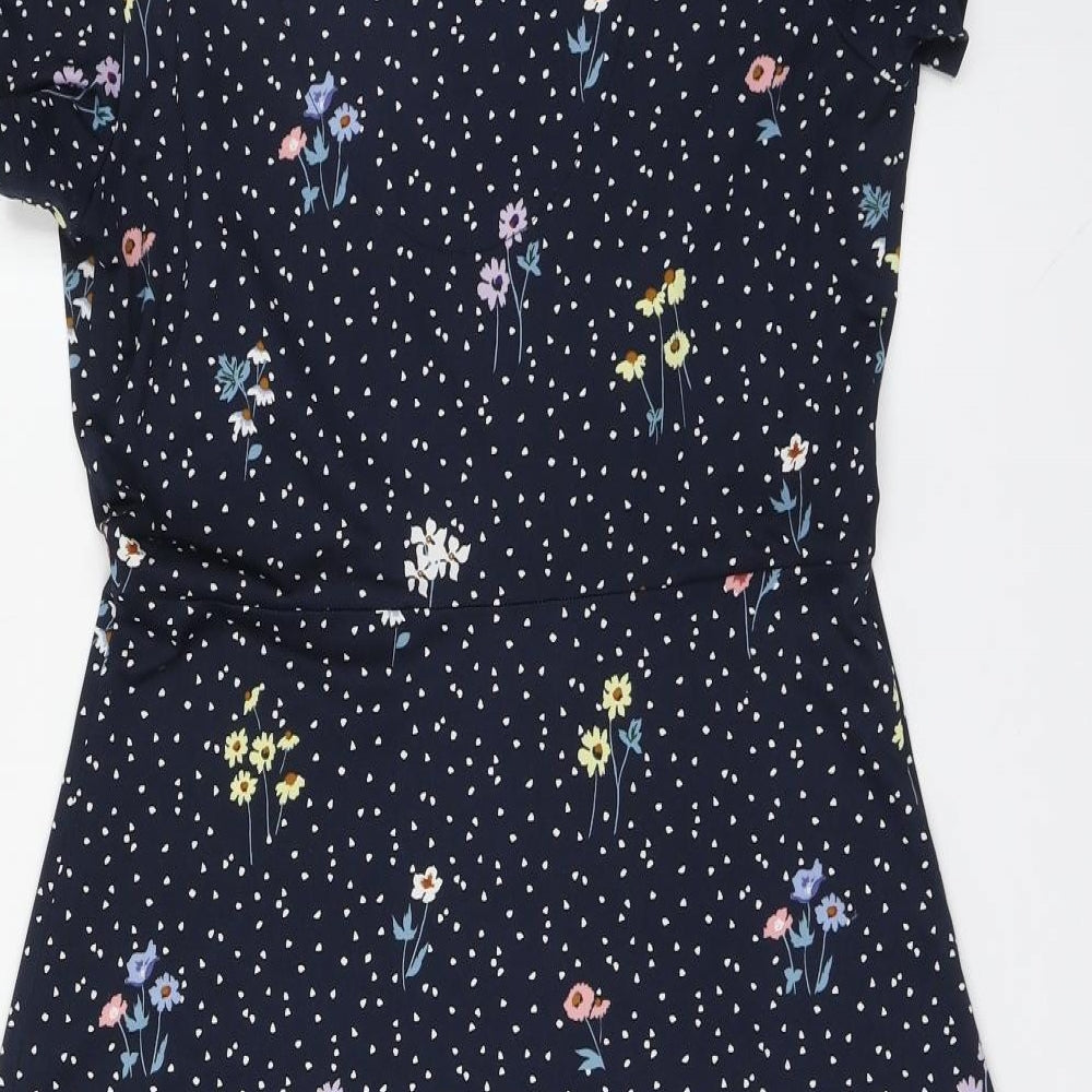 TU Womens Blue Floral Polyester Skater Dress Size 8 V-Neck