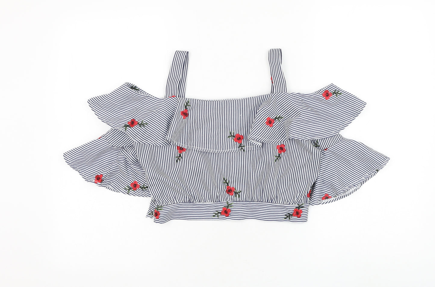 PARISIAN SIGNATURE Womens Blue Striped Polyester Cropped Blouse Size M Square Neck - Flower