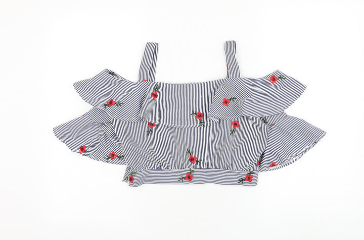 PARISIAN SIGNATURE Womens Blue Striped Polyester Cropped Blouse Size M Square Neck - Flower