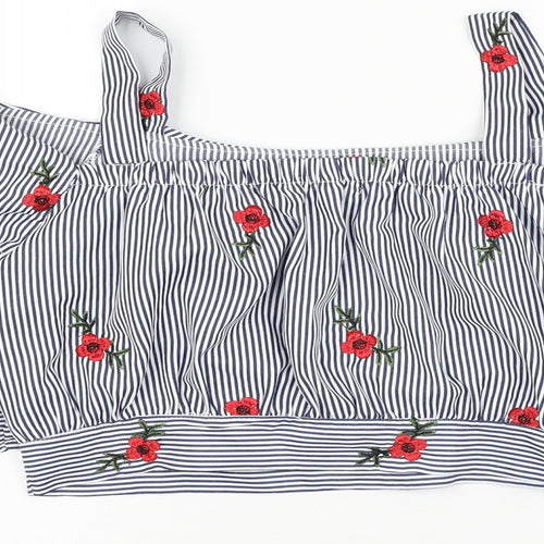 PARISIAN SIGNATURE Womens Blue Striped Polyester Cropped Blouse Size M Square Neck - Flower