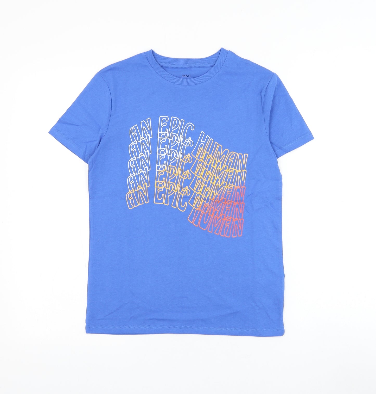 Marks and Spencer Boys Blue Cotton Basic T-Shirt Size 10-11 Years Round Neck Pullover - An Epic Human