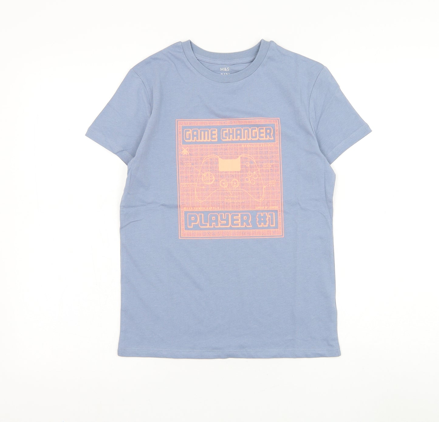 Marks and Spencer Boys Grey Cotton Basic T-Shirt Size 10-11 Years Round Neck Pullover - Gaming