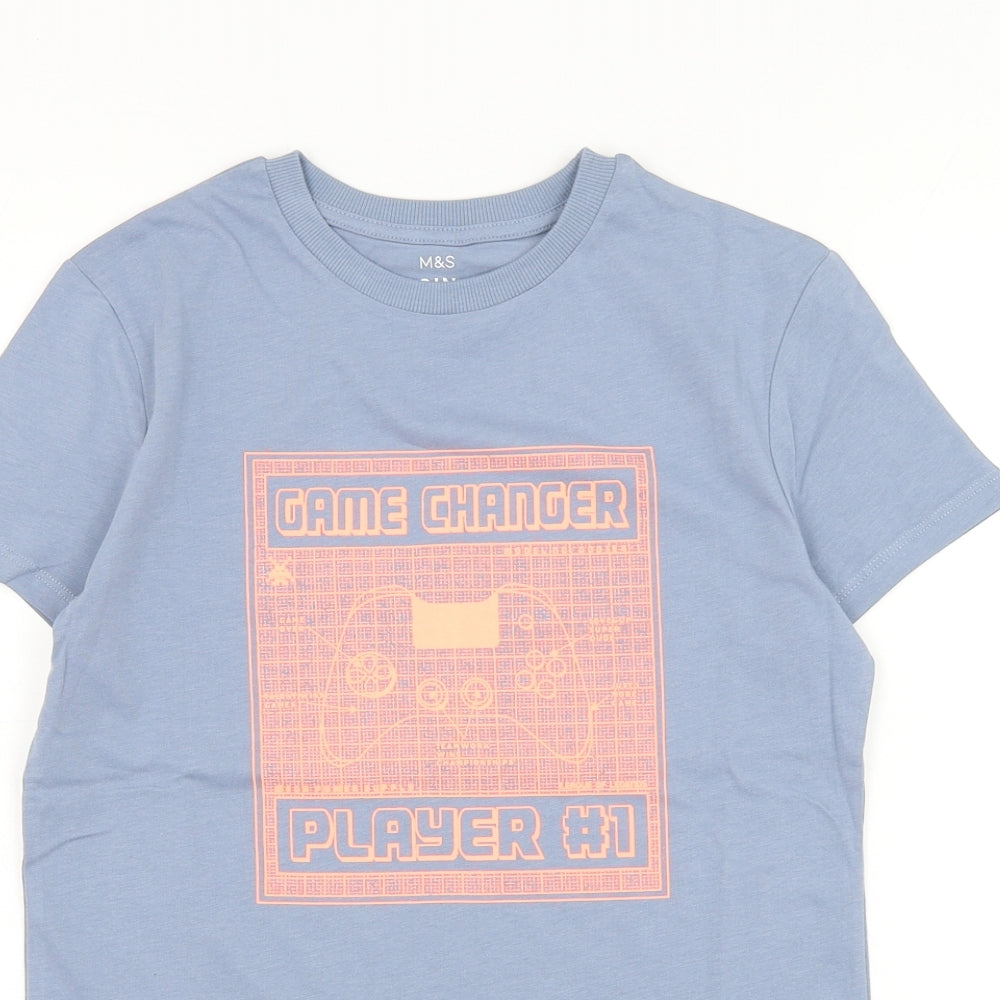 Marks and Spencer Boys Grey Cotton Basic T-Shirt Size 10-11 Years Round Neck Pullover - Gaming