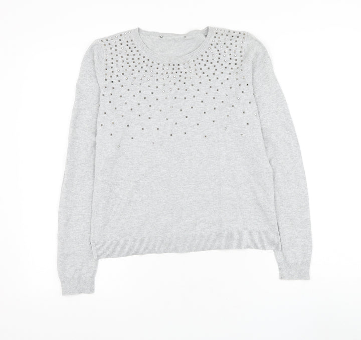 Oasis Womens Grey Round Neck Cotton Pullover Jumper Size S