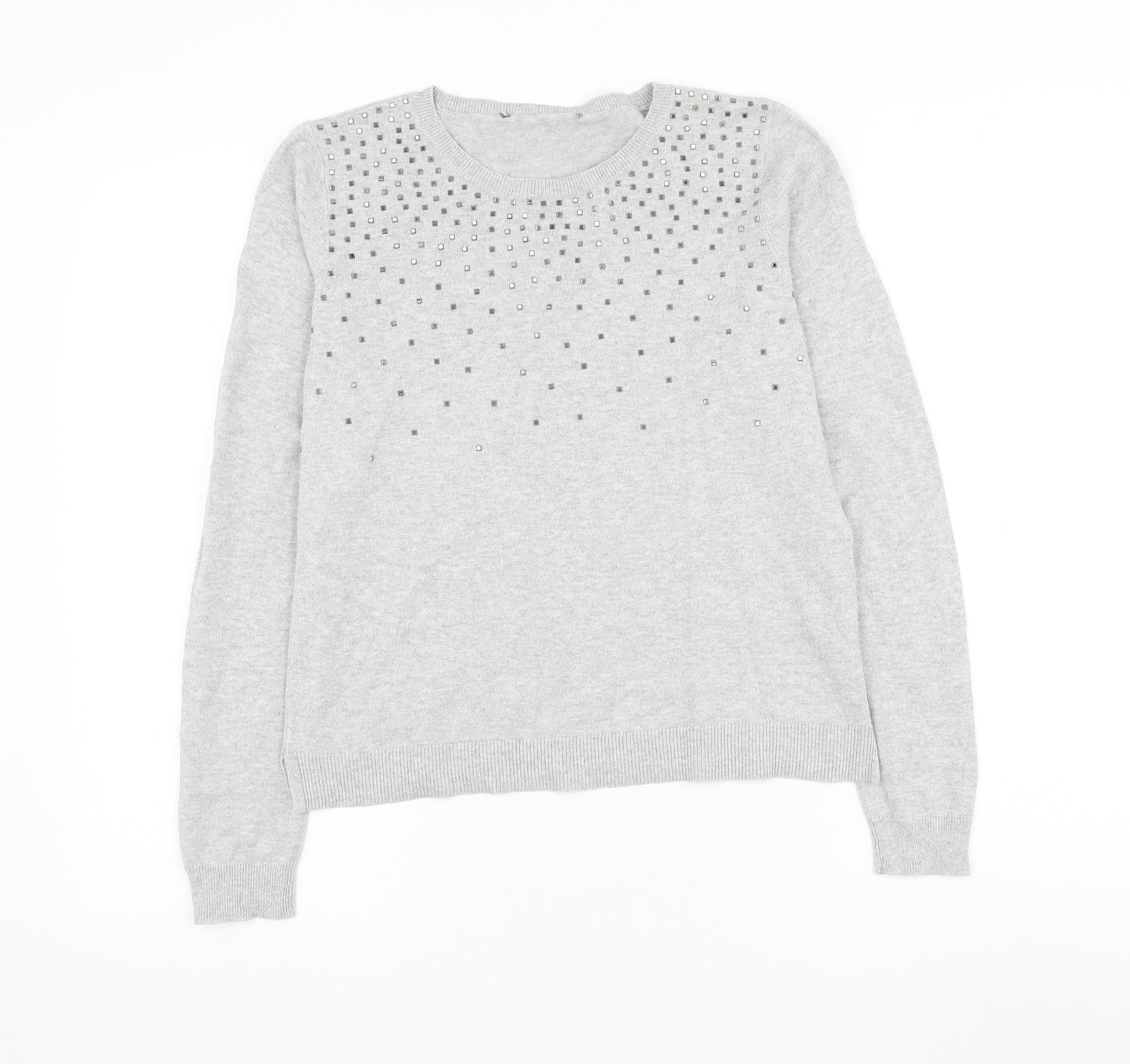 Oasis Womens Grey Round Neck Cotton Pullover Jumper Size S