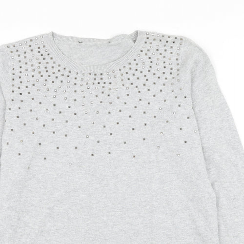 Oasis Womens Grey Round Neck Cotton Pullover Jumper Size S