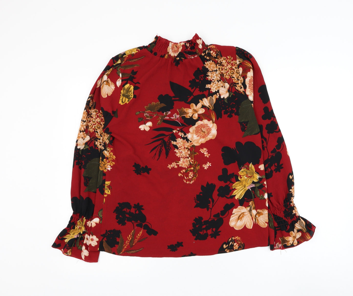 Preworn Womens Red Floral Polyester Basic Blouse Size M High Neck