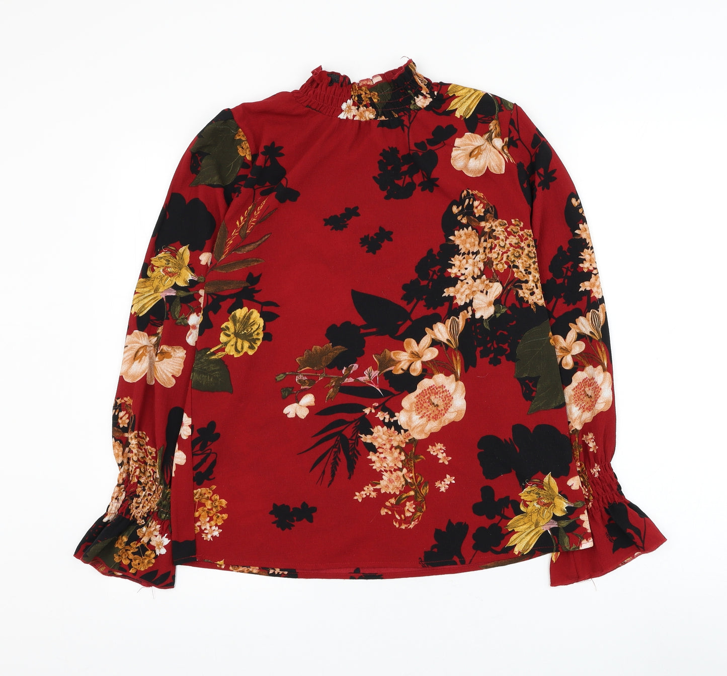Preworn Womens Red Floral Polyester Basic Blouse Size M High Neck