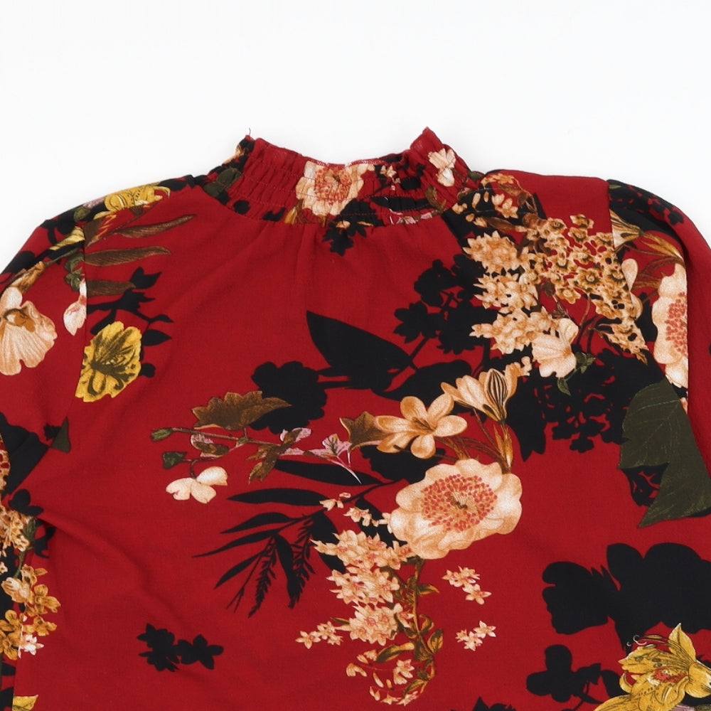 Preworn Womens Red Floral Polyester Basic Blouse Size M High Neck