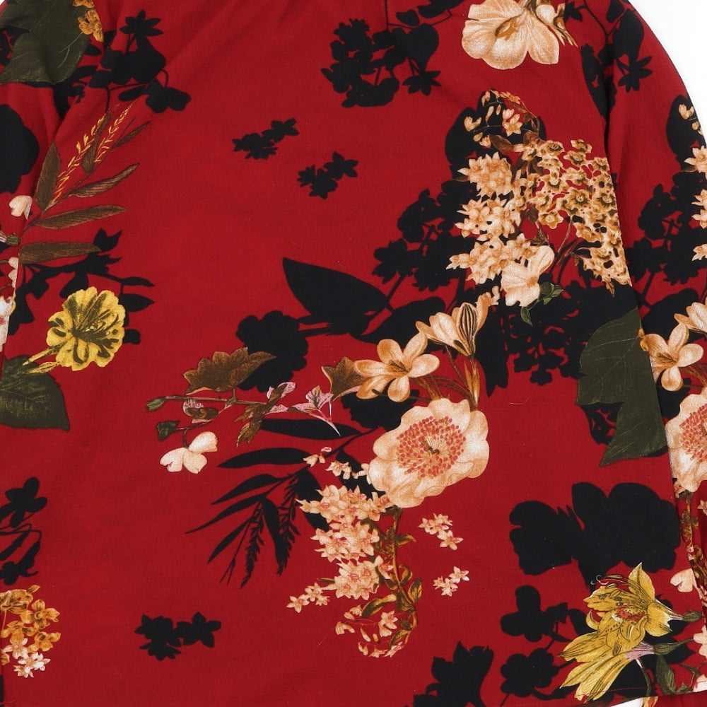 Preworn Womens Red Floral Polyester Basic Blouse Size M High Neck