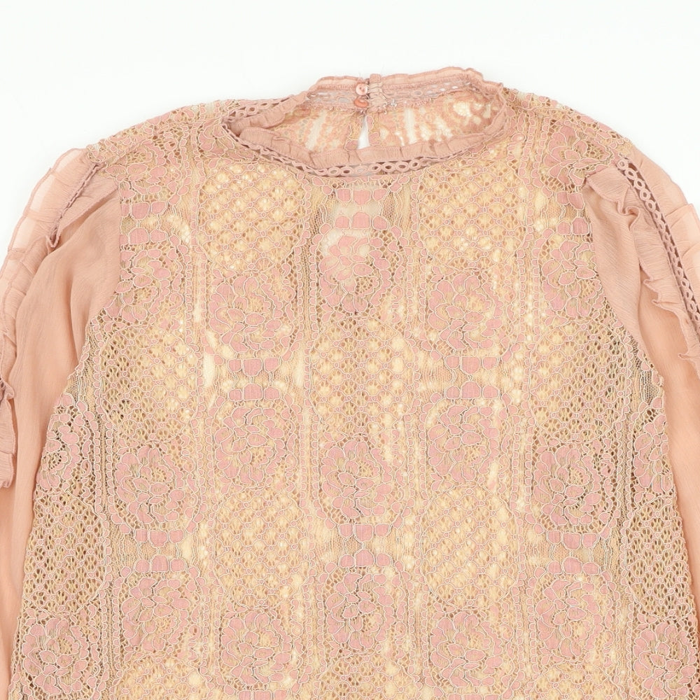 Preworn Womens Pink Floral Polyester Basic Blouse Size M Mock Neck