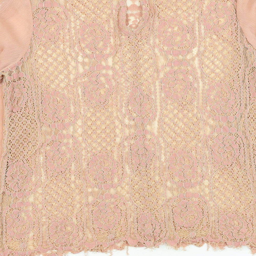 Preworn Womens Pink Floral Polyester Basic Blouse Size M Mock Neck