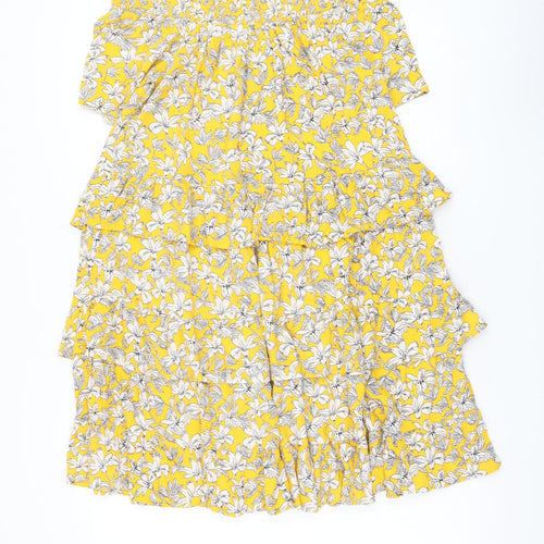 F&F Womens Yellow Floral Viscose Trapeze & Swing Size 10 Off the Shoulder Pullover - Tiered