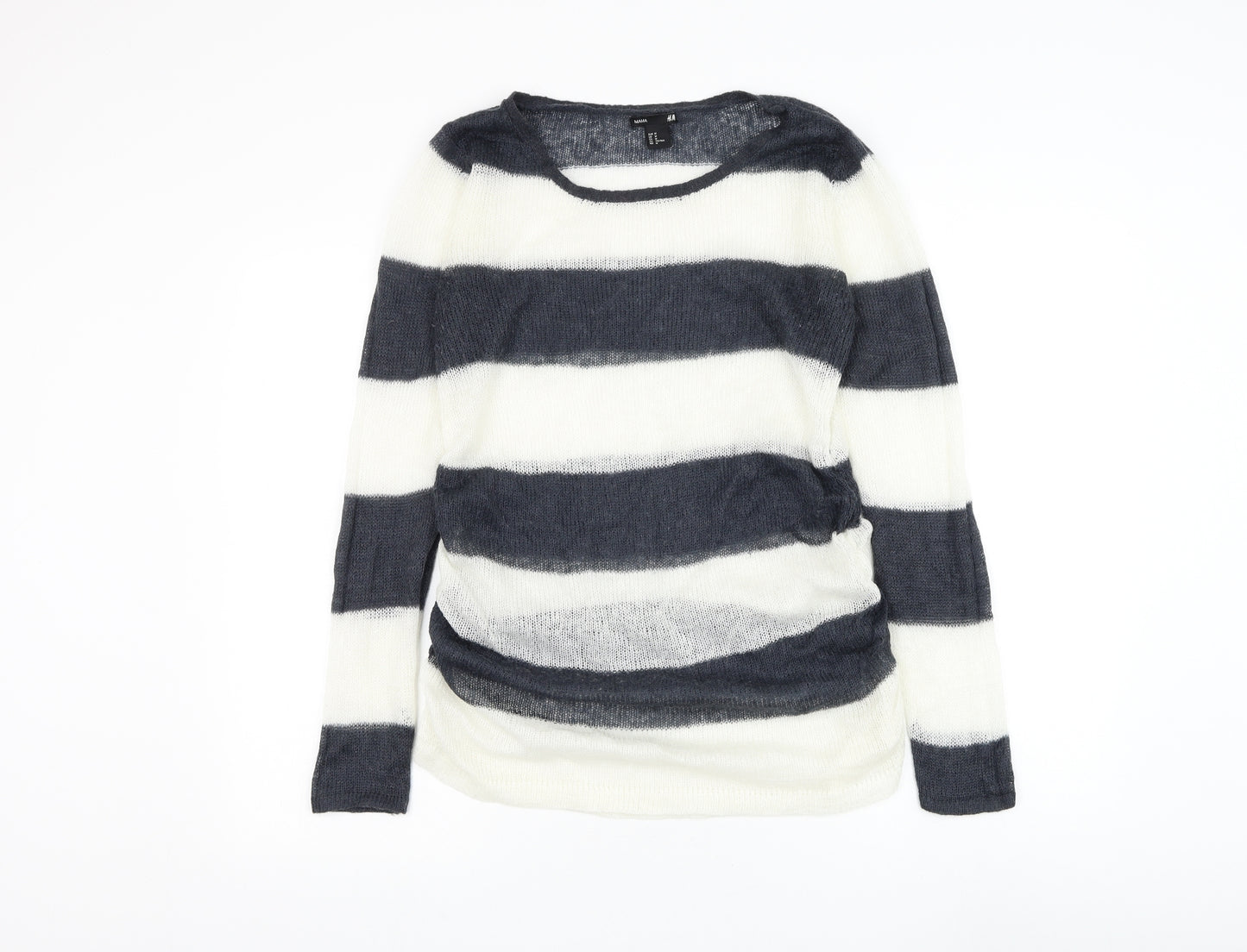 H&M Womens White Round Neck Striped Acrylic Pullover Jumper Size M