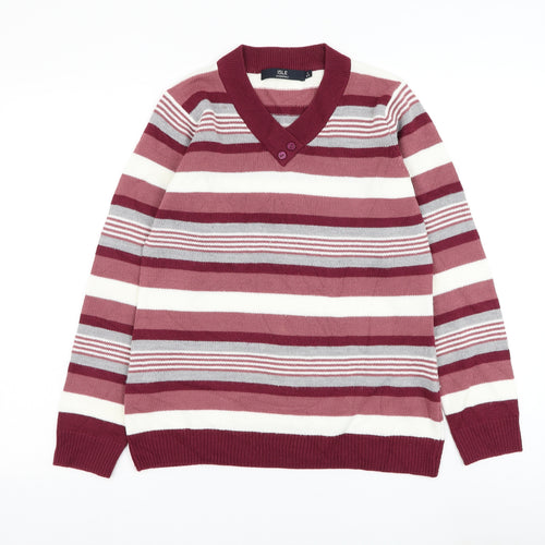 EWM Womens Pink V-Neck Striped Acrylic Pullover Jumper Size 10
