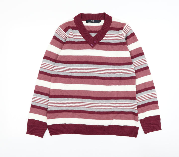 EWM Womens Pink V-Neck Striped Acrylic Pullover Jumper Size 10