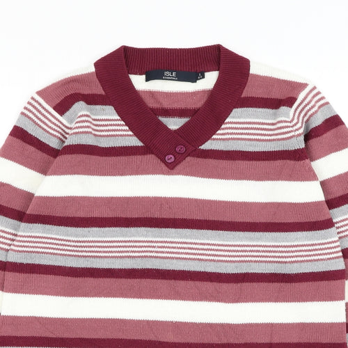 EWM Womens Pink V-Neck Striped Acrylic Pullover Jumper Size 10