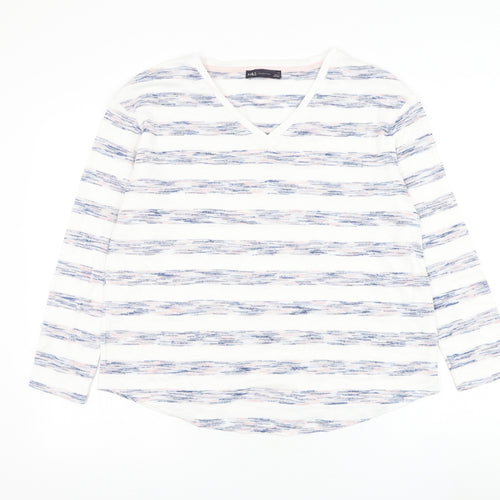 Marks and Spencer Womens White V-Neck Striped Viscose Pullover Jumper Size 14