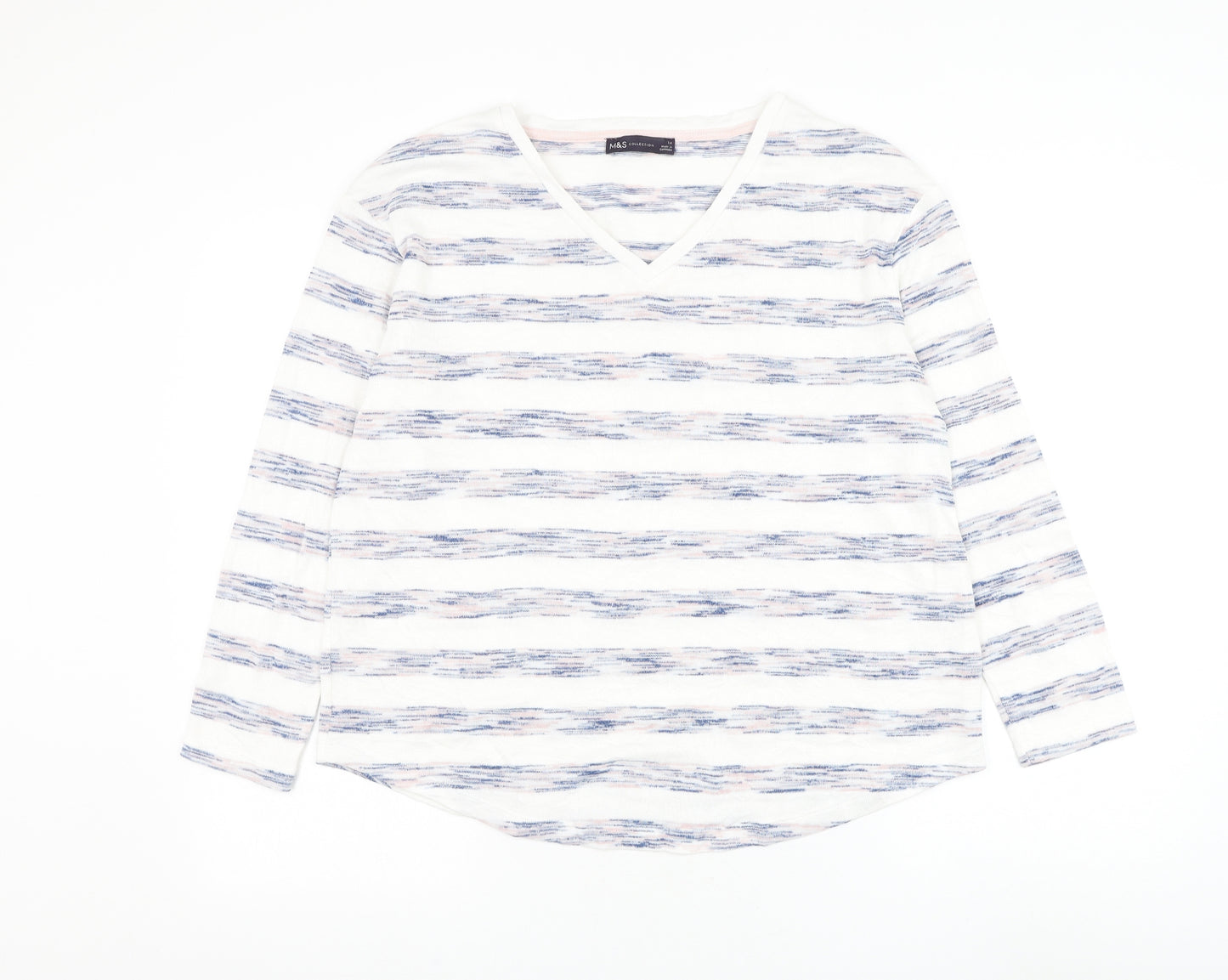 Marks and Spencer Womens White V-Neck Striped Viscose Pullover Jumper Size 14