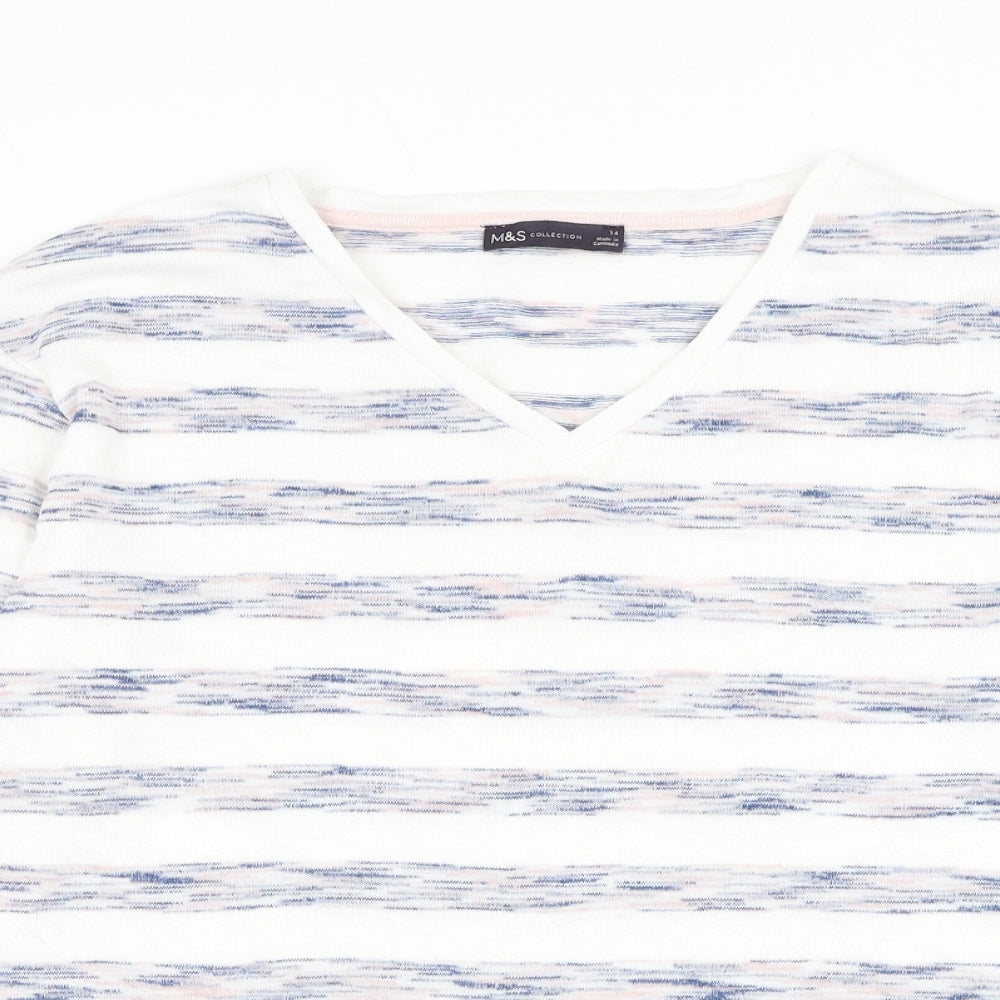 Marks and Spencer Womens White V-Neck Striped Viscose Pullover Jumper Size 14