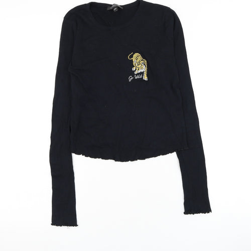Topshop Womens Black Cotton Cropped T-Shirt Size 6 Round Neck - Tiger Lettuce Hem