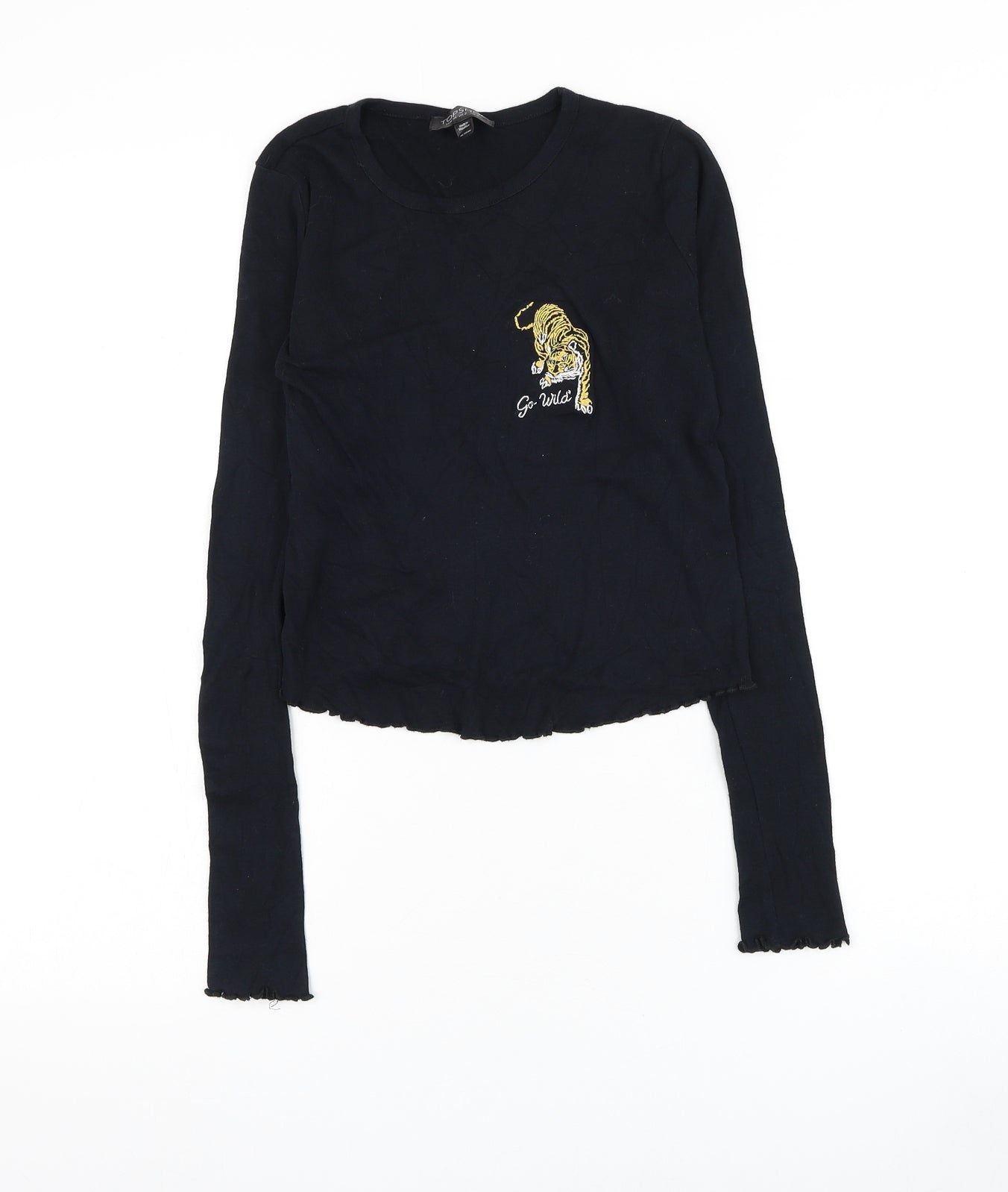 Topshop Womens Black Cotton Cropped T-Shirt Size 6 Round Neck - Tiger Lettuce Hem