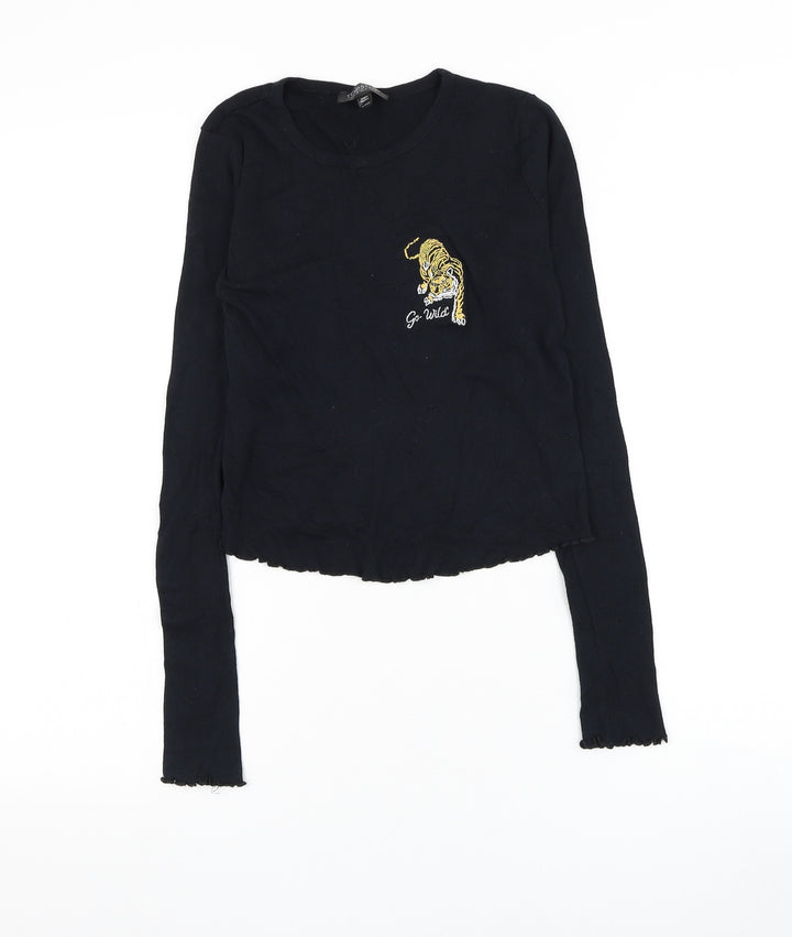 Topshop Womens Black Cotton Cropped T-Shirt Size 6 Round Neck - Tiger Lettuce Hem