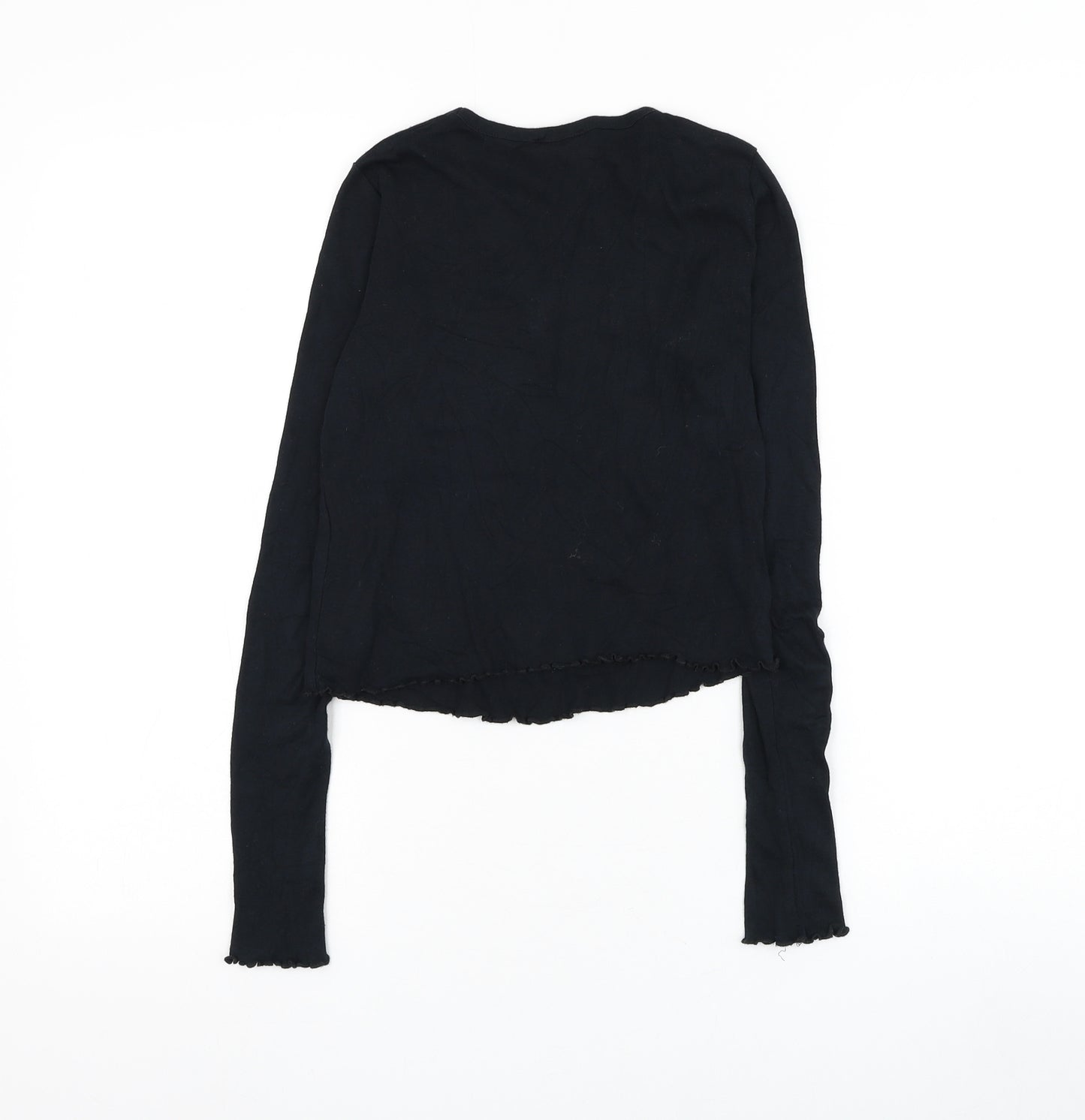 Topshop Womens Black Cotton Cropped T-Shirt Size 6 Round Neck - Tiger Lettuce Hem