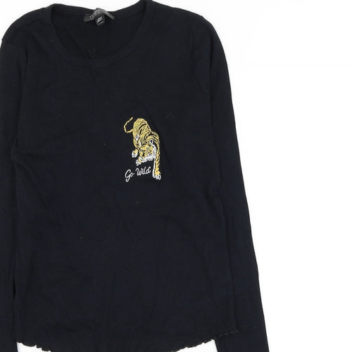 Topshop Womens Black Cotton Cropped T-Shirt Size 6 Round Neck - Tiger Lettuce Hem
