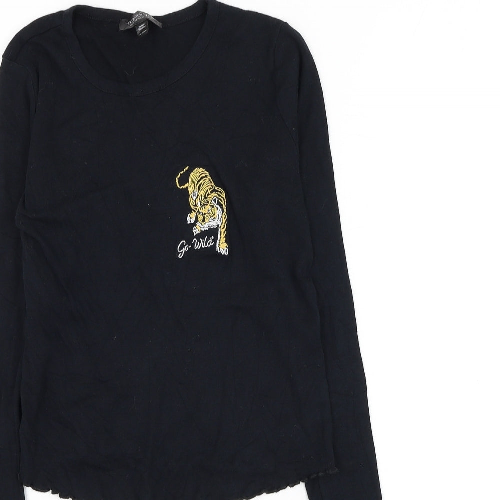 Topshop Womens Black Cotton Cropped T-Shirt Size 6 Round Neck - Tiger Lettuce Hem