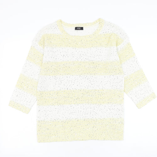 F&F Womens Yellow Round Neck Striped Acrylic Pullover Jumper Size 6