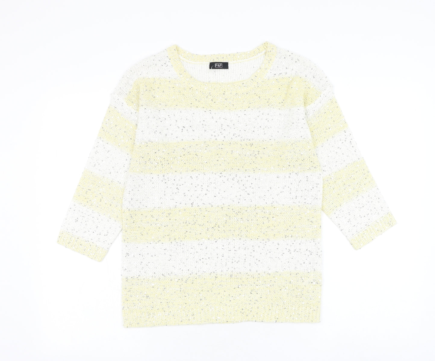 F&F Womens Yellow Round Neck Striped Acrylic Pullover Jumper Size 6