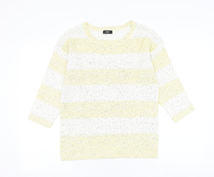 F&F Womens Yellow Round Neck Striped Acrylic Pullover Jumper Size 6