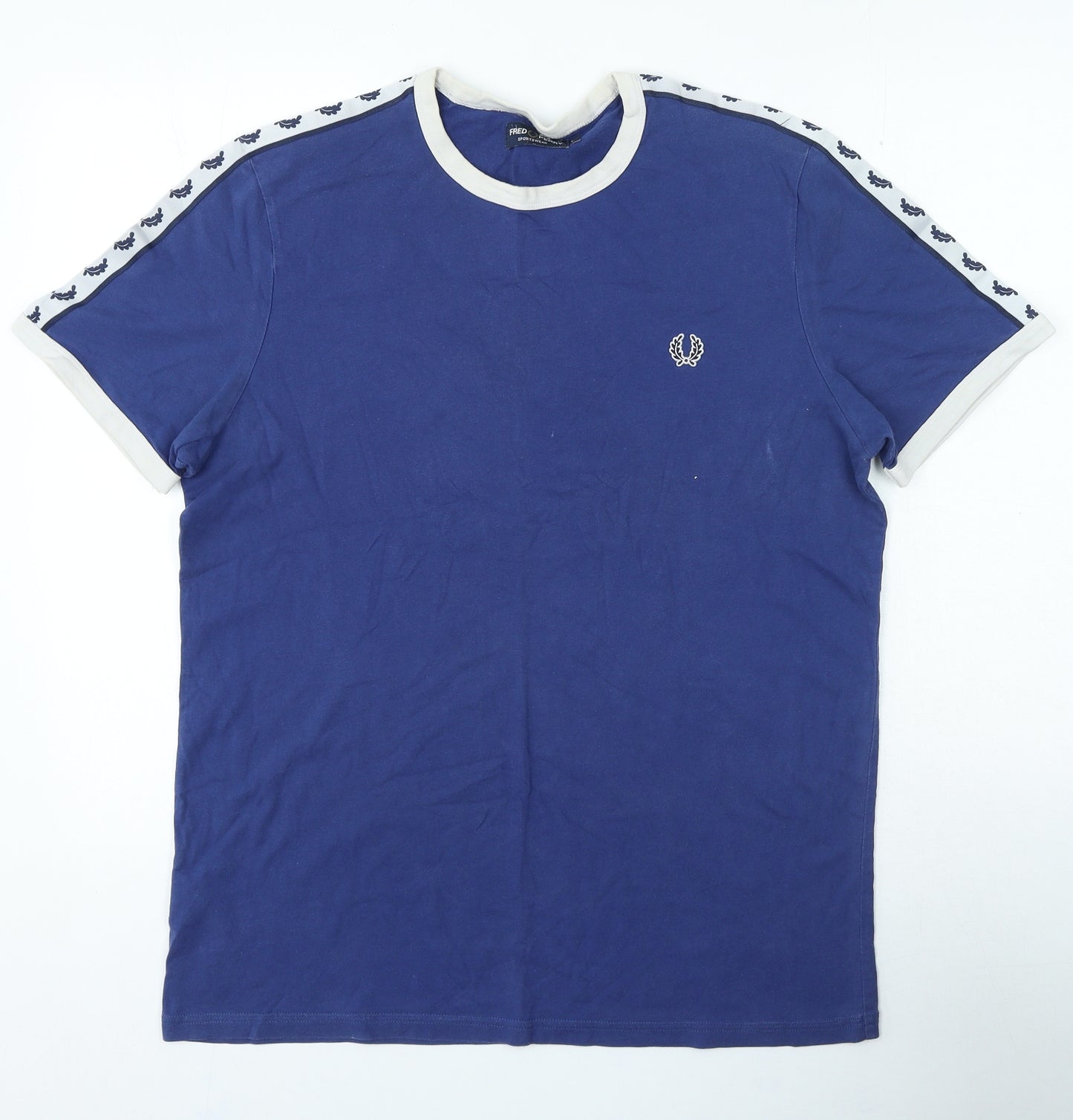 Fred Perry Mens Blue Geometric Cotton T-Shirt Size L Round Neck