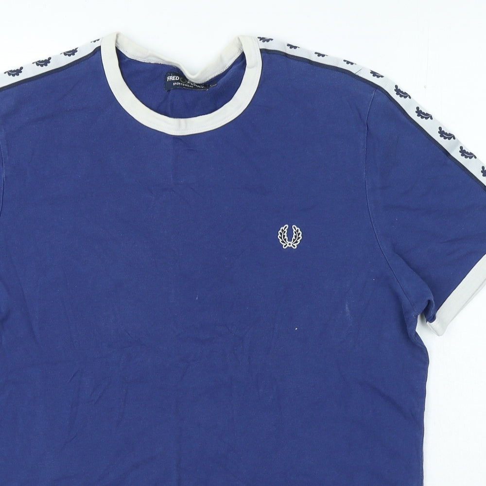 Fred Perry Mens Blue Geometric Cotton T-Shirt Size L Round Neck