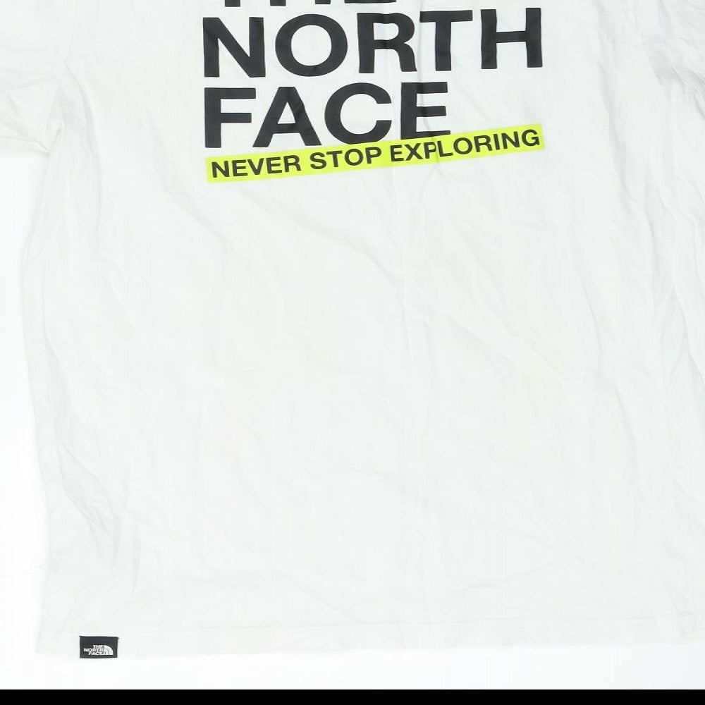 The North Face Mens White Cotton T-Shirt Size M Round Neck - Never Stop Exploring
