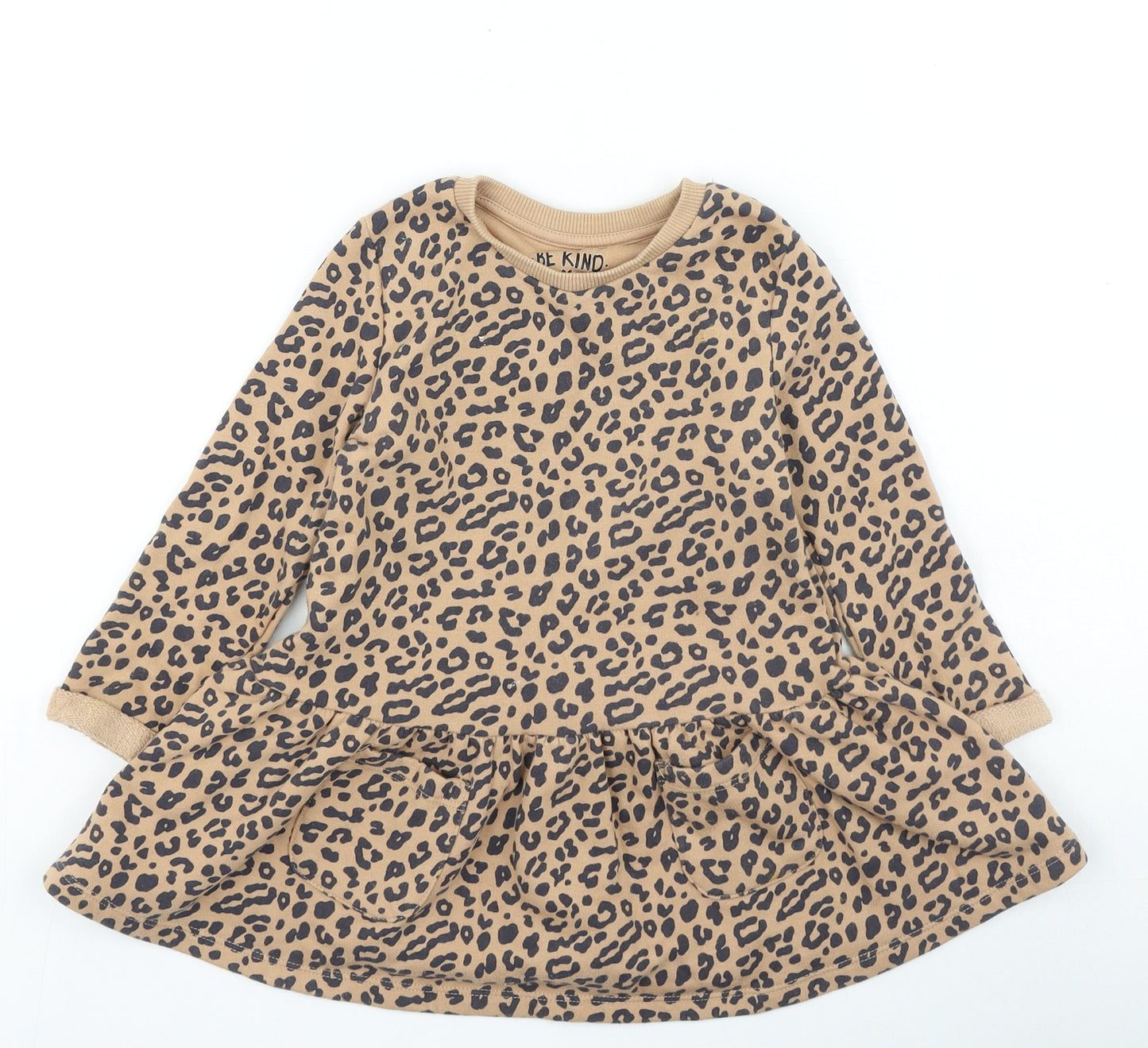 F&F Girls Brown Animal Print Cotton Jumper Dress Size 2-3 Years Round Neck Pullover - Leopard Print