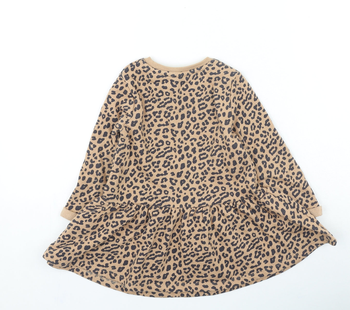 F&F Girls Brown Animal Print Cotton Jumper Dress Size 2-3 Years Round Neck Pullover - Leopard Print