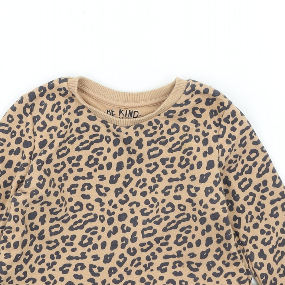 F&F Girls Brown Animal Print Cotton Jumper Dress Size 2-3 Years Round Neck Pullover - Leopard Print
