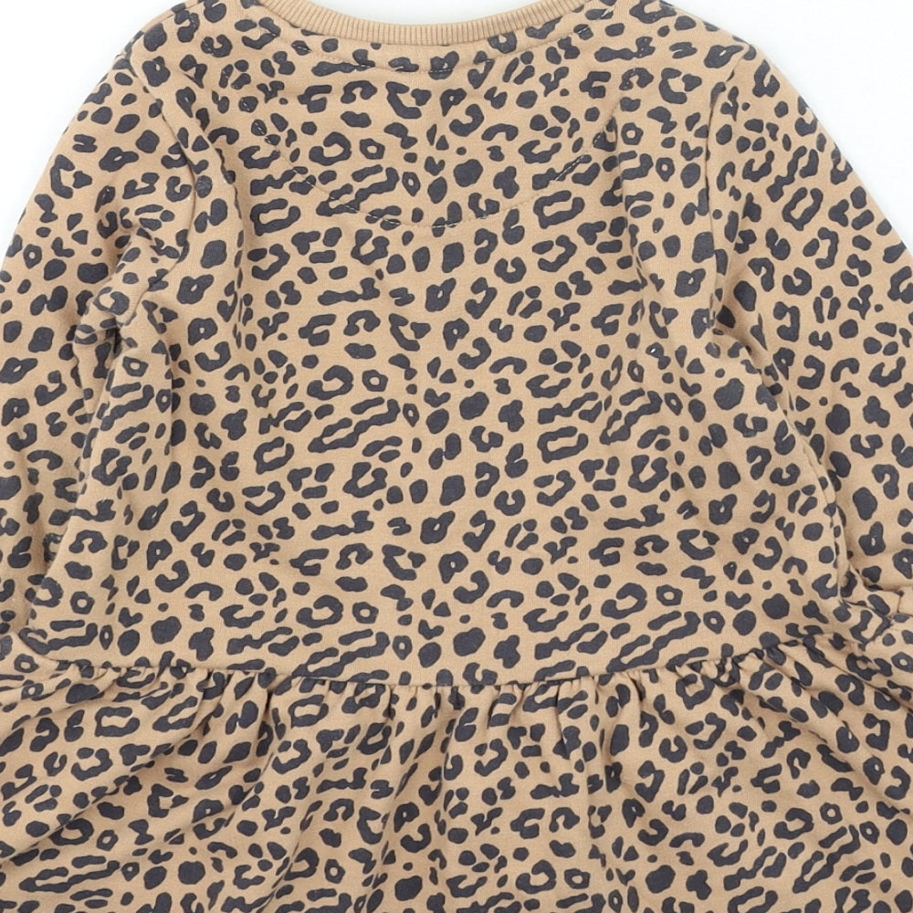 F&F Girls Brown Animal Print Cotton Jumper Dress Size 2-3 Years Round Neck Pullover - Leopard Print