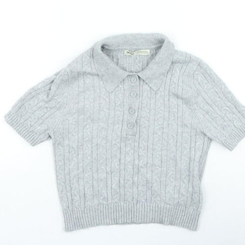Pull&Bear Womens Grey Collared Viscose Pullover Jumper Size S